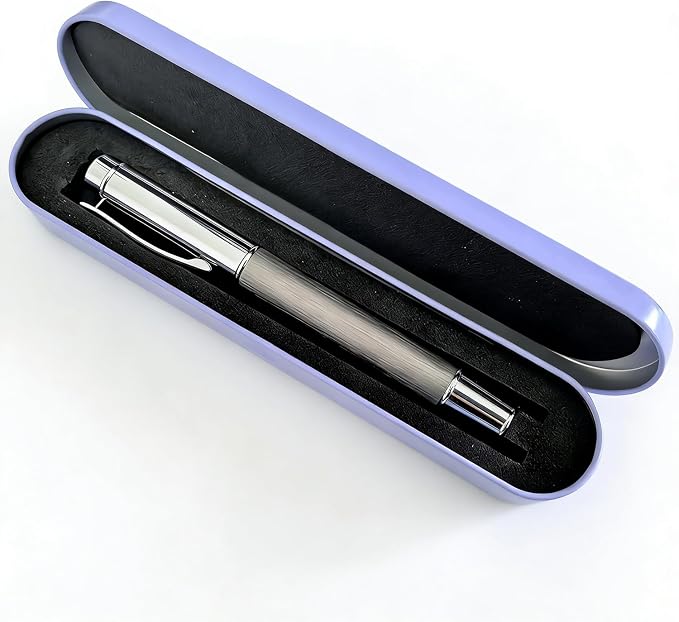 Brushed Metal Silver Rollerball Pen - 0.5mm Fine Point Executive Writing Pen for Men & Women, Professional Signature Pen for Business Office & Journaling, Luxury Gift with Metal Case