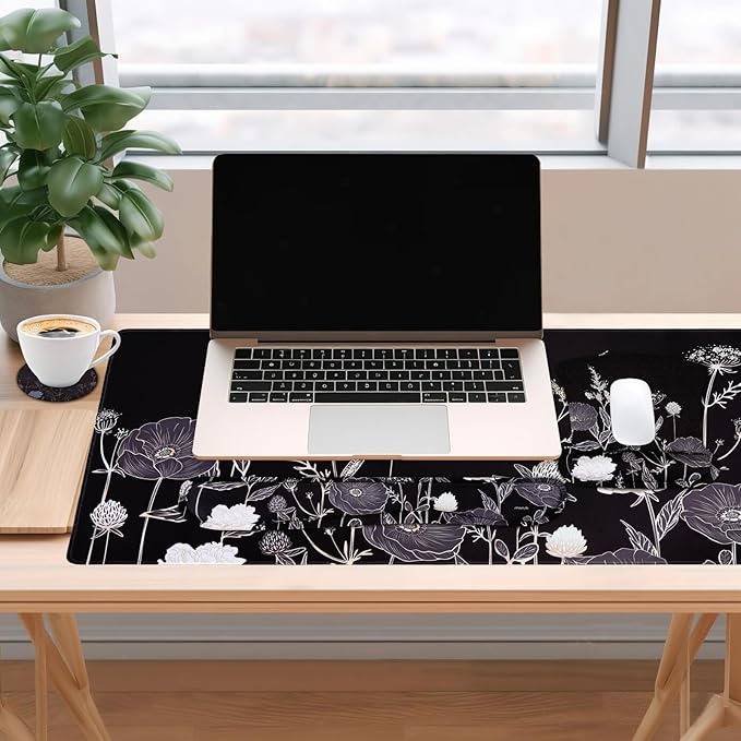 MOSISO Keyboard Mouse Pad Set, Large Gaming Mouse Pad&Keyboard Wrist Rest&Mouse Wrist Rest&Coaster, Ergonomic Non-Slip Retro Flower Floral Mousepad with Raised Memory Foam for Home Office, Black