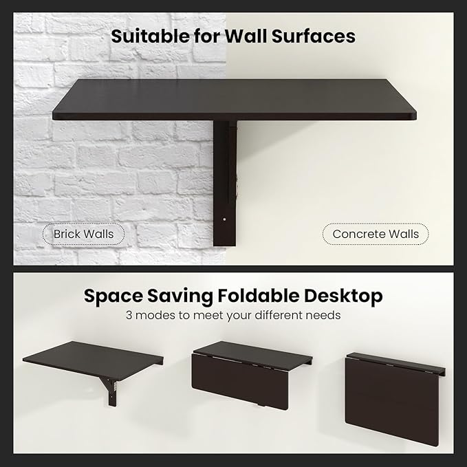Tangkula 31.5" Wall Mounted Folding Desk, Drop-Leaf Floating Desk with Spacious Surface, Space-Saving Foldable Wall Table for Study, Bedroom, Bathroom, Balcony & Small Spaces