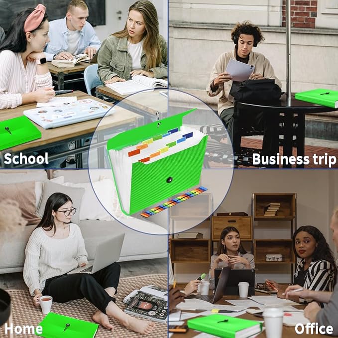 Expanding File Folder, 13 Pockets Accordian File Holder Organizer, A4 Letter Size Paper Document Receipt Organizer Accordion Filing Folder for Classroom, Home, Office and Travel, Green