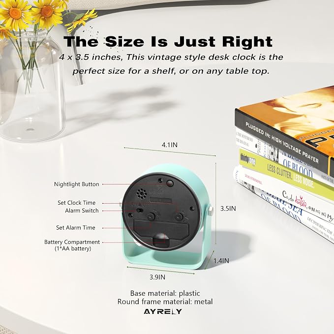 AYRELY® 3.5" Small Analog Travel Alarm Clock, Battery Operated Desk Clock | Cute Table Clock with Light, Adjustable Angle, Bedside, Bedrooms, Kids' Rooms and Living Room Decor (Light Blue)