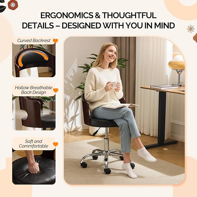 VINGLI Armless Home Office Desk Chair, Adjustable Swivel Chair,Dual-Use with/no Wheels,Small Retro Designed Walnut Curved Task Chair,Cushioned Nail Tech Chair for Study Area,Workspace,PU,Black
