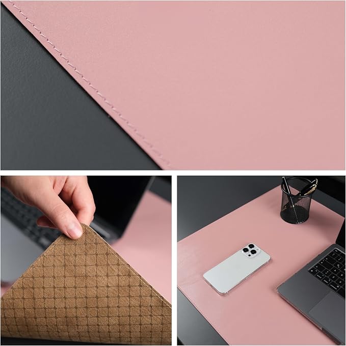 Jersey Genuine Calfskin Leather Desk Pad, Office Desk Mat with Non-Slip Bottom, Smooth Surface for Mouse & Keyboard, Desk Protector (36x19 inches) (Pink)