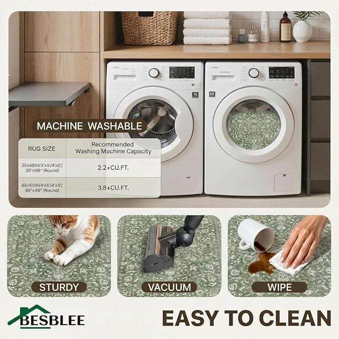 36"x48" Office Chair Mat for Hardwood Tile Floor, Under Desk Carpet Protector for Rolling Computer Chair Mat, Machine Washable Area Rug, Anti-Slip 1/5" Thick Low Pile Thin Vinyl Floor Mat, Sage