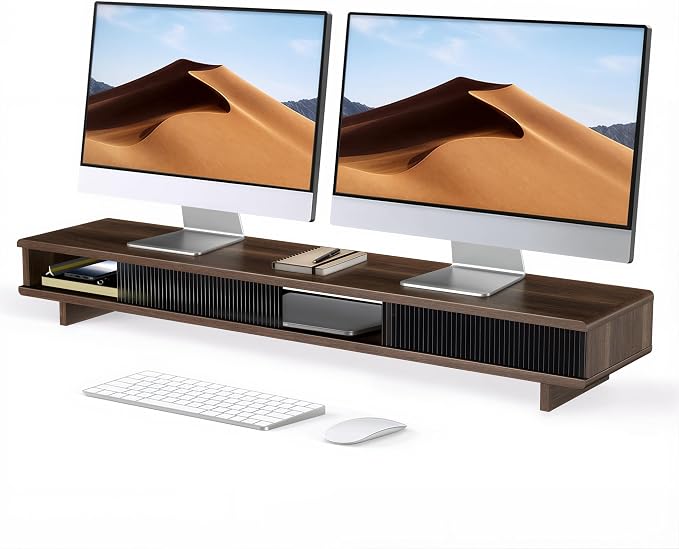 Dual Monitor Stand Riser with Storage Drawer for Desk Organization | Fits Dual 32" Monitors, Walnut Finish, Hidden Storage, Ergonomic Height, Holds 110lbs, No Flex, Quick Setup