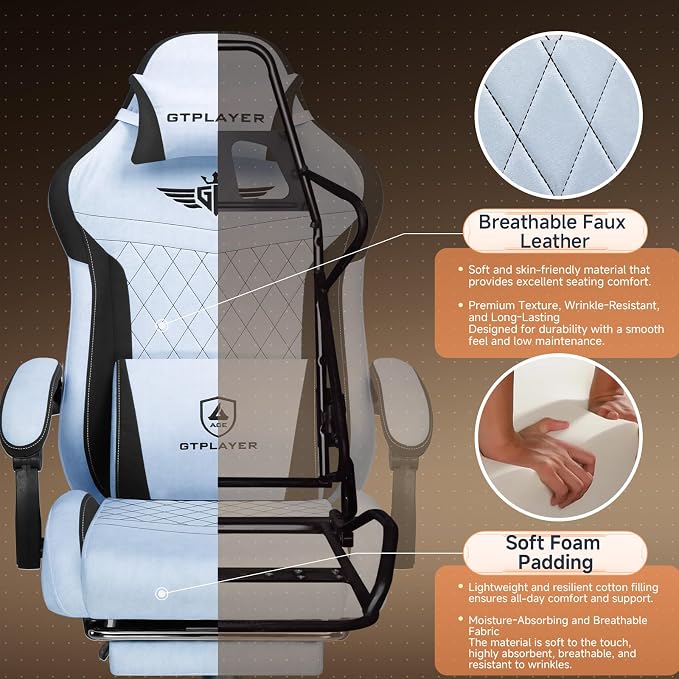 GTPLAYER Gaming Chair with Footrest, Ergonomic Office Chair 400lbs Heavy Duty, Big and Tall Computer Desk Chair with Lumbar Support and Headrest, Breathable Plush Fabric, 90-155° Recline Light Blue