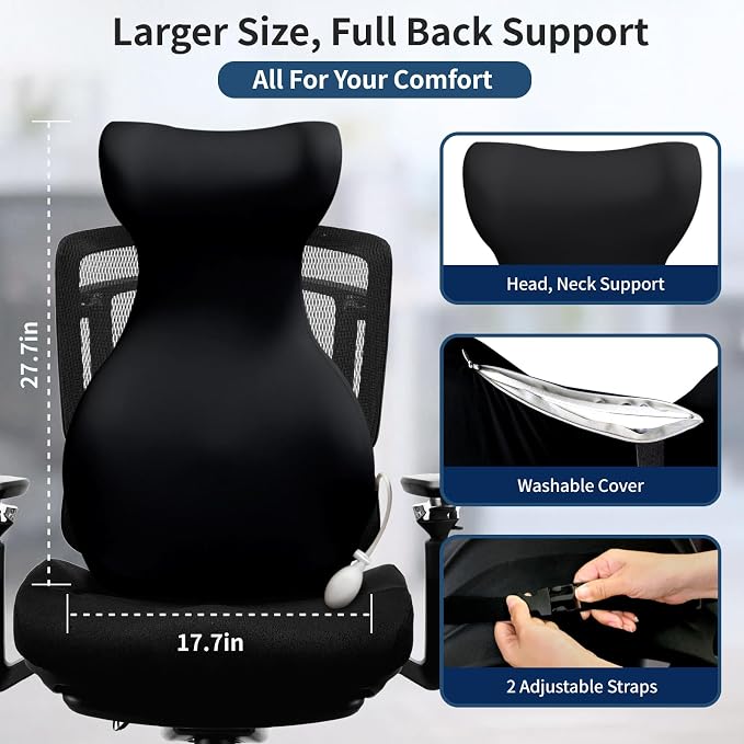 27.7'' Adjustable Airbag Full Back Lumbar Support Pillow, Back Pain Relief | Adjustable Support Back Cushion Upper/Lower Back Pain Relief for Office Chair, Desk, Gaming Chair, Couch, Recliner