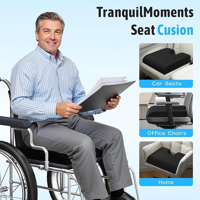TranquilMoments Seat Cushion, Gel Wheelchair Seat Cushion, Black | Wheelchair Seat Cushion Cooling Gel Memory Foam, Tailbone Pain Relief, Removable Cover & Non - Slip Bottom Chair Cushion