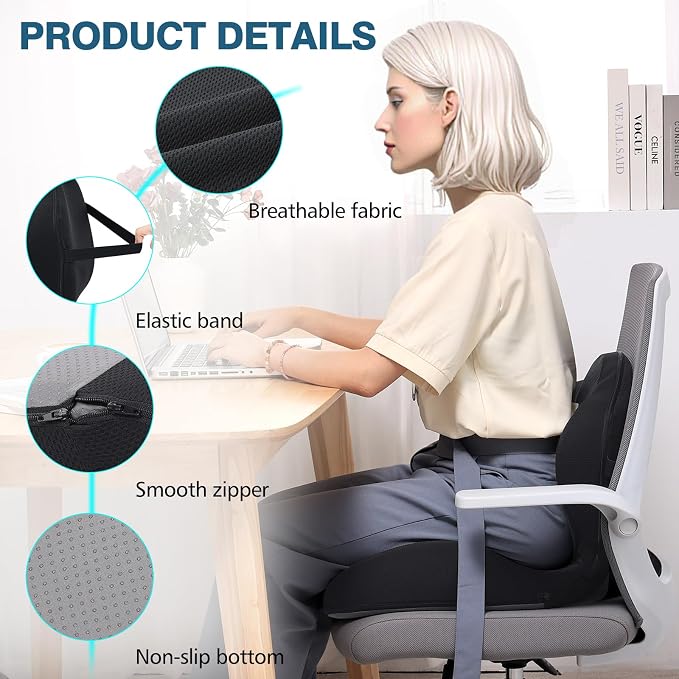 Office Chair Cushion with Lumbar Support Pillow Memory Foam Seat Cushions Ergonomic Dual Layer Integrated Back Pillow for Sciatica Pain Relief for Office Gaming Chair