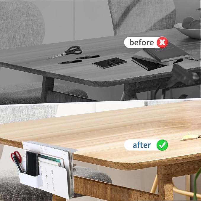 Desk Side Storage Organizer, Under Desk Laptop Holder with Magnetic Pen Holder, No Drill Hanging Desks Caddy for Office & Home, Clamp On Desk Shelf for Tablet, Files, Accessories (White)
