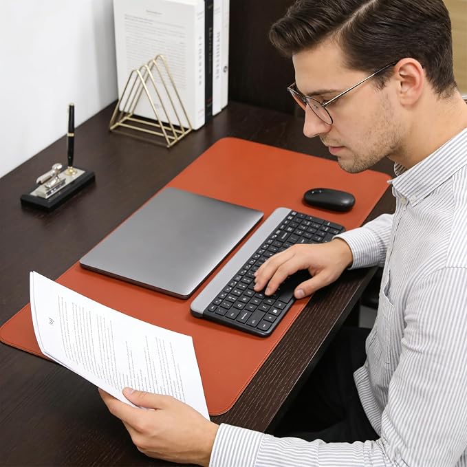 Large Double Sided Desk Mat 31.5" x 15.7" PU Leather Cork Mouse Pad | Large Orange Overlocked Edge Desk Pad Protector for Office Home Gaming Laptop Vanity, Overlocked with Matching Thread