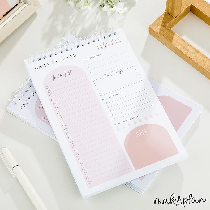Daily Planner To Do List Notepad 60 Undated Pages,Coral,Twin-ring Spiral Bindling 6x9 Inch Desktop Daily Planning Notepad with Protective Cover,Notebook for Daily Tasks, Water Intake, Habit Tracker