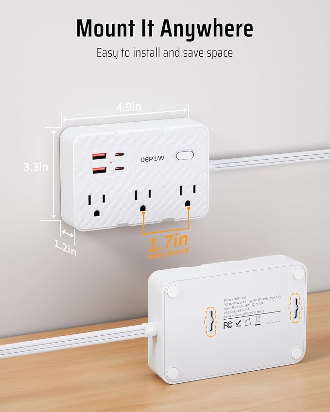 DEPOW Surge Protector Power Strip with Flat Plug, 5 FT Extension Cord with 6 AC Outlets 4 USB Ports(2 USB-C),1050J Surge Protection, Wall Mountable Charging Station for Office, Home, White