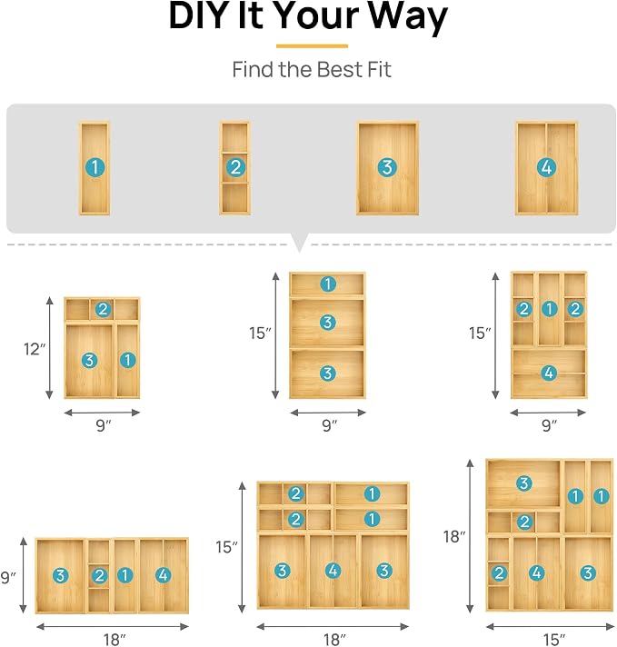 Vtopmart 7 Pack Bamboo Drawer Organizer Boxes, Junk Drawer Organizers | Natural Bamboo Storage Trays, Non-Slip Base, Kitchen Bathroom Office Vanity Drawers, Multi-Size Organizer Boxes, Makeup Tools