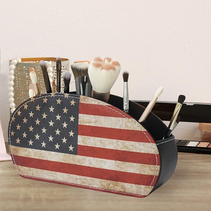 DreamsEden Remote Control Holder, Vintage American Flag Desktop Organizer Caddy 5 Compartments for TV Controller, Pen Pencil, Makeup Brush