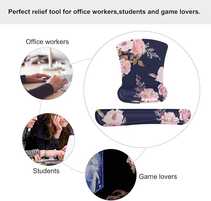 MOSISO Peony Wrist Rest Support for Mouse Pad & Keyboard Set, Blue | Ergonomic Memory Foam Mousepad Non-Slip Base Home/Office Pain Relief & Easy Typing Cushion with Neoprene Cloth & Raised