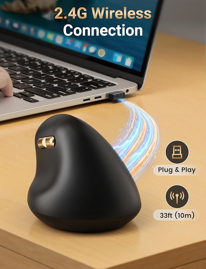 Ergonomic Vertical Wireless Mouse, 57°, Small/Medium Hands, Black | Rechargeable, Quiet Click, 800/1200/1600 DPI, 2.4GHz USB Receiver, Forward/Back Buttons, Computer Mouse for Laptop PC Mac