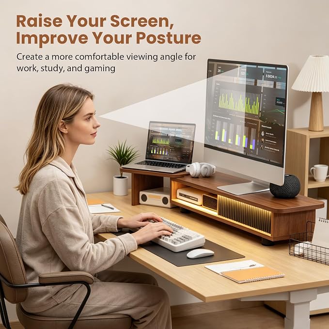 Artswish Dual Monitor Stand with Power Outlet, Brown Desk Monitor Riser | 2 AC Outlets & 2 USB Ports, RGB Lighting, Sliding Storage, Flexible Side Shelf, Desk Riser for Office, Work and Study