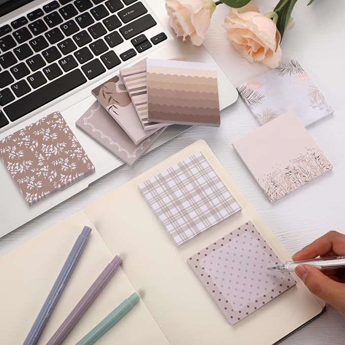 9 Pcs Aesthetic Sticky Notes Cute Pastel Self Stick Notepads Easy to Post Desk Supplies for Home Office Decor School Accessories Women Birthday Coworker Gifts(Brown)