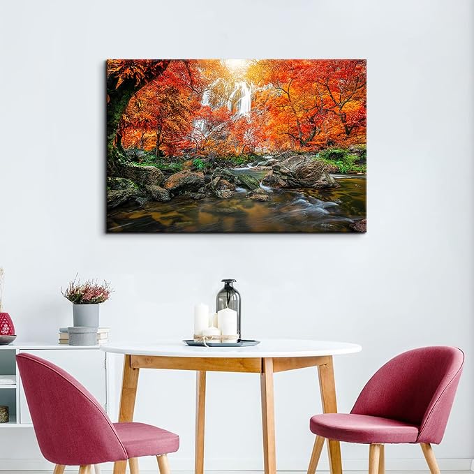 Mountain Waterfall Canvas Wall Art Tropical Forest Pictures Wall Decor for Living Room Kitchen Office Home Decoration 32x48” Nature Tree Scenery Posters for Room Aesthetic Artwork Burnt Orange Sunset