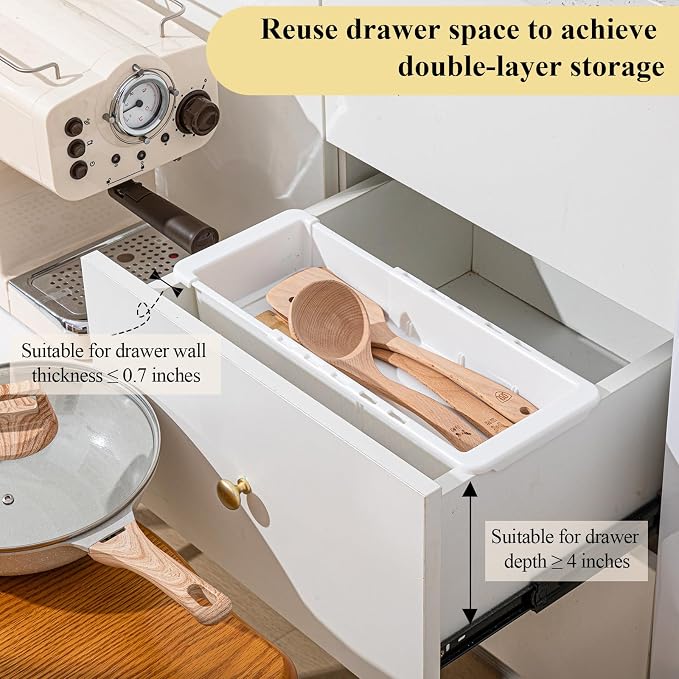 2 Pcs Expandable Drawer Organizer Bins Adjustable Deep Drawer Hanging Organizer Tray Expandable 11.4 to 18.1 Inches Plastic Dividers Storage for Office Bathroom Bedroom Kitchen Desk, White
