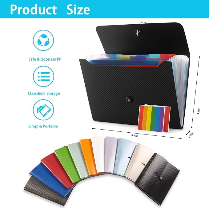Expanding File Folder File Organizer 13 Pocketsr Accordion Filing Folder for Documents Aesthetic Paper Organizer Folder for Work, School, Home, Office (Transparancy Blue)