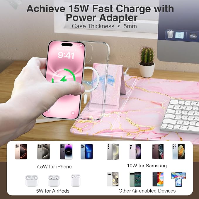 Wireless Charging Mouse Pad with Phone Holder, 31.5"x15.8" in, Pink Marble | Large Desk Mat for Laptop/Keyboard, Waterproof Ultra-Smooth Surface, Non-Slip Base