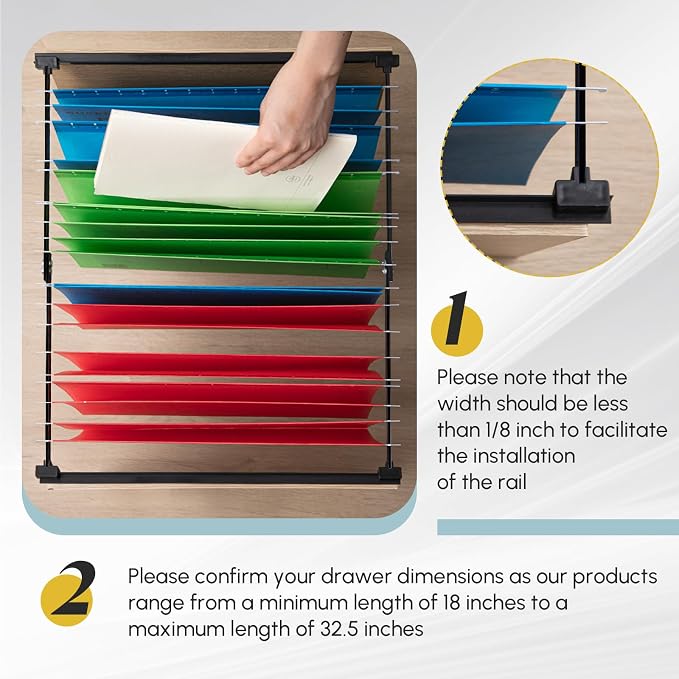 12 Pcs Metal Adjustable File Cabinet Rails Set Include 8 Hanging File Rail Clips 4 Cabinet Dividers Bars Suitable for Cabinets with Drawer Thickness Less Than 1/8 Inch(Black,18-32.5 Inch)
