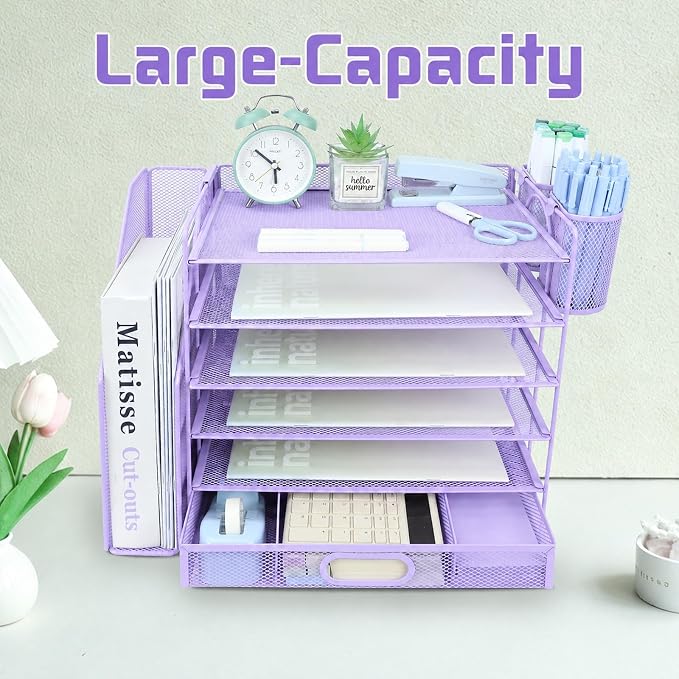 Desk Organizers and Accessories with File Holder, 6-Tier Paper Letter Tray Organiser with Drawer and 2 Pen Holder, Mesh Desktop Document Organizer for Office Supplies, Workspace - Purple