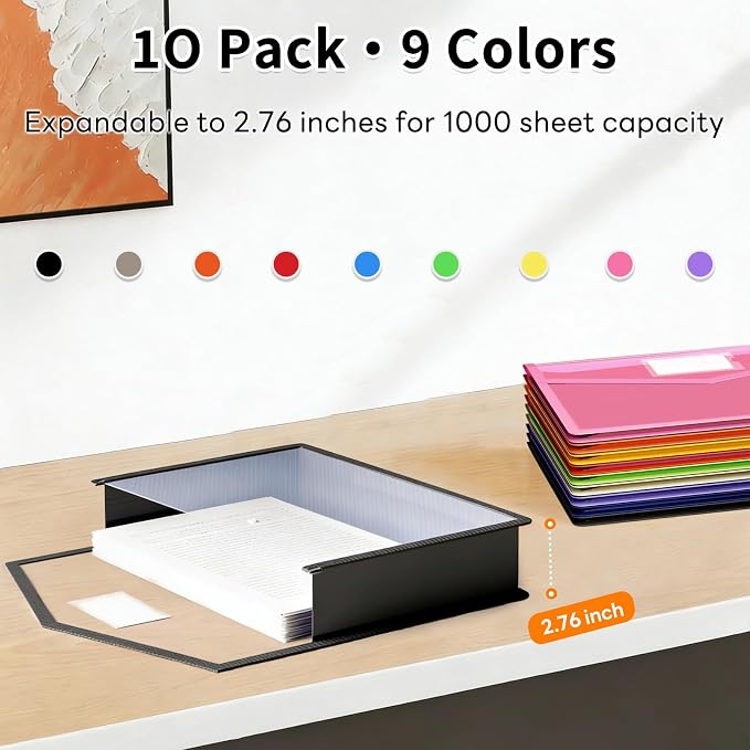 Plastic Expanding File Folder, Transparent Envelopes with Snap Closure | 10 Pack, No Dividers, Large Capacity, Assorted Colors, Fits Letter / A4 Size