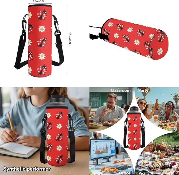 Ladybug Girls Backpack Set 4 PCS, 17 Inch Daisy Floral School Bag with Insulated Lunch Bag for Elementary Kids Ages 6-8 Back to School Gift, Red Back Packs