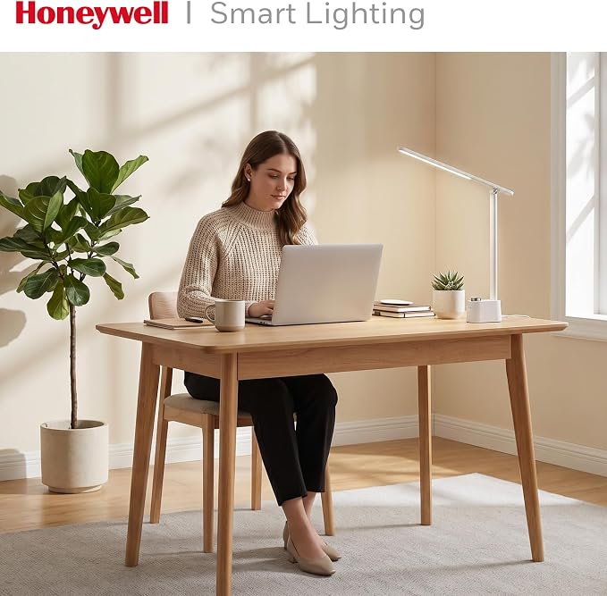 Honeywell LED Desk Lamp - Sunturalux Desk Lamps for Home Office with USB A+C Charging Ports, 3 Color Modes Stepless Dimmable Eye-Caring Foldable Desk Light for Bedroom Table Reading Study(White)