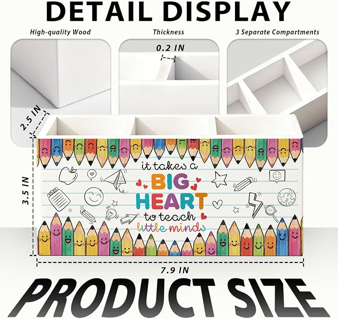 Teacher Pen Pencil Holder for Desk, Teacher Appreciation Gifts, It Takes a Big Heart to Help Shape Little Minds Wooden Box Sign Decorations for Office Classroom Desk Tabletop