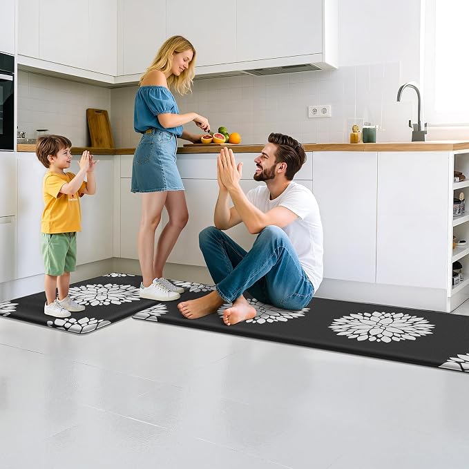 2PCS Kitchen Mats for Floor, Anti Fatigue Non-slip Larger Black Rug | Soft Kitchen Rugs for Home, Cushioned Standing Desk Mat, Comfort Mat for Office, Sink, Laundry, 17.3" x 59" + 17.3" x 30"