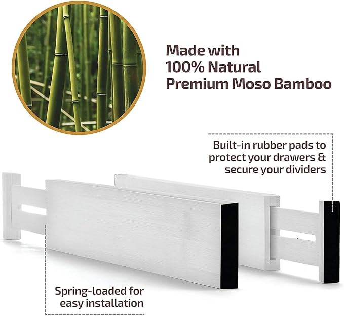 4-Pack Drawer Divider - 2.6" High, 16" to 22" Adjustable Bamboo Drawer Organizers for Clothes, Expandable Dresser Separators in Bedroom/Bathroom/Kitchen/Office Organization and Storage (White)