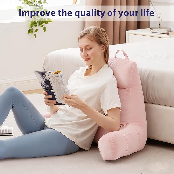 IPYNBAP Back Pillow for Bed Sitting up, Reading Pillow for Sitting in Bed Adult, Back Support Pillow, Memory Foam Sit up Lounge Backrest Pillow with Arms for TV, Couch, Chair, Dorm, 24 Inch, Pink