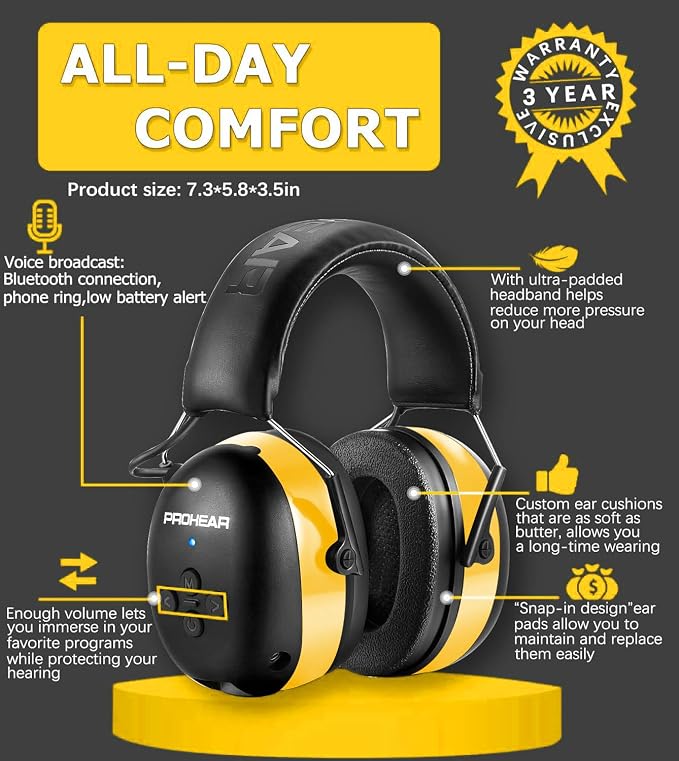 PROHEAR 037 Bluetooth 6.0 Hearing Protection Headphones with Rechargeable 1500mAh Battery, 30dB SNR Safety Noise Reduction Ear Muffs 120H Playtime for Mowing, Workshops, Snowblowing - Yellow