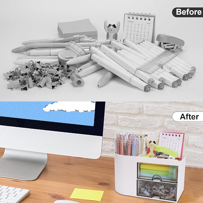 Meiikun Desk Organizer with Drawer, Pen Organizer for Desk, Small Pencil Holder, Desk Organizers and Accessories for Office Home Storage (2 Drawers+4 Compartments, White)