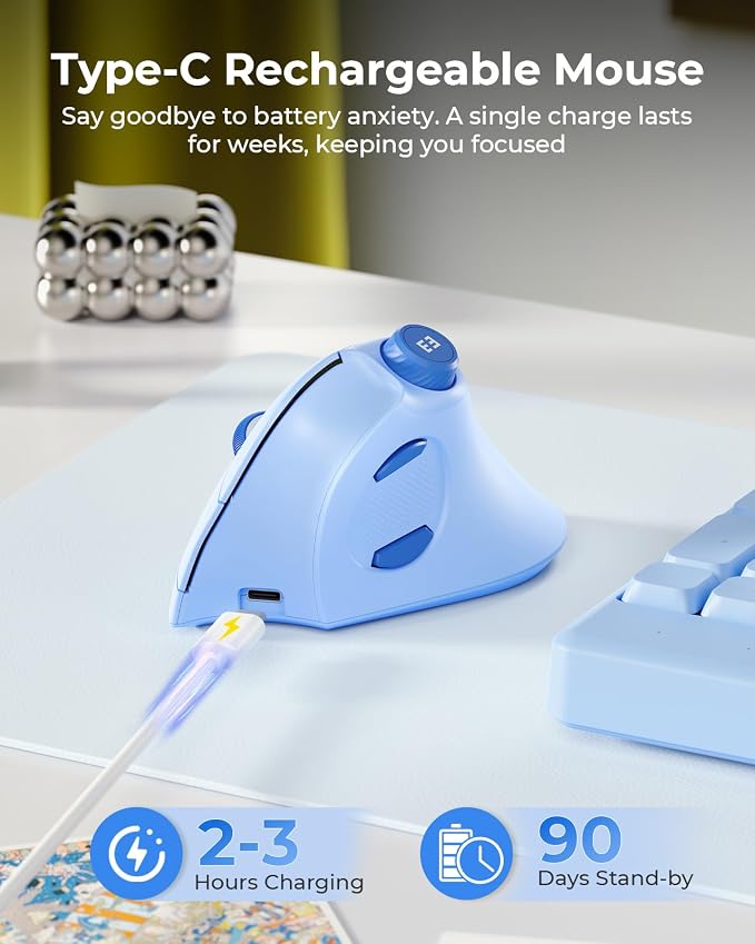 seenda Ergonomic Mouse Wireless, MOU-302 Bluetooth Vertical Mouse Rechargeable, Volume Knob, Silent Mice & 1000/1600/2400 DPI, 3 Multi-Device Connection for Windows/PC/Laptop/Mac/MacBook, Blue