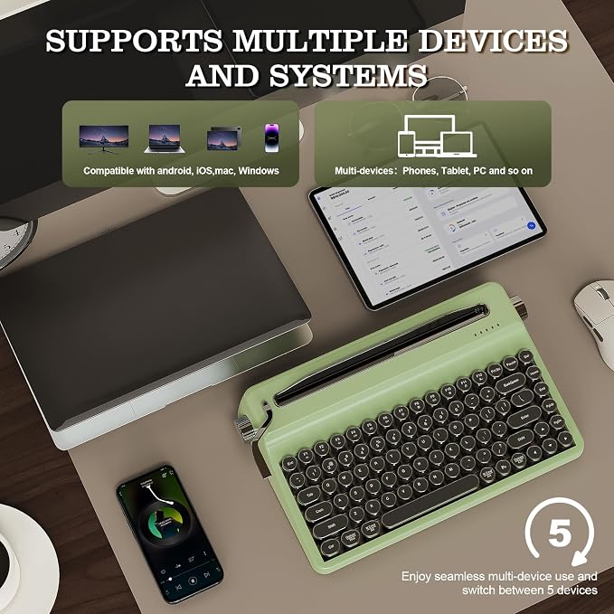 YUNZII QL75 Wireless Typewriter Hot Swap Retro Mechanical Keyboard,Punk Round Keycaps,RGB Backlit QMK/VIA Programmable, Multi-Device Keyboard with 2.4GHz/Type-C/BT5.0 (Green, Cocoa Cream V2 Switch)