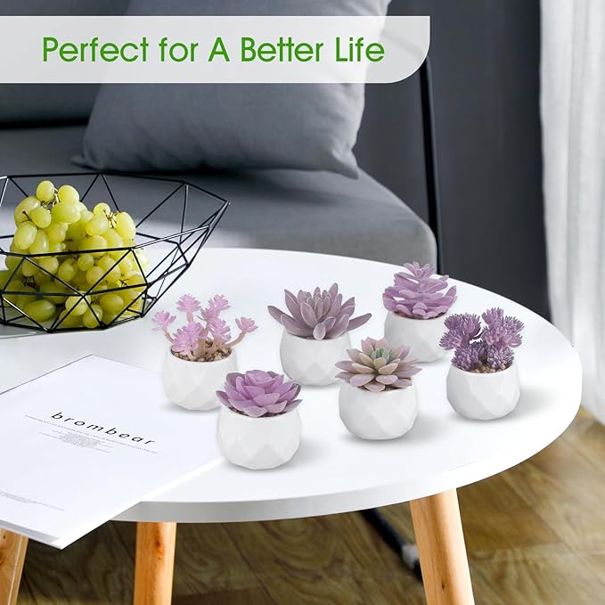 ZINHO Fake Succulent Plant Set 6 PCS Artificial Succulent Plants for Desk Realistic Faux Succulents in Plastic Pots Mini Colorful Succulent Decor for Bedroom Bathroom Office Shelf Decor (Purple)