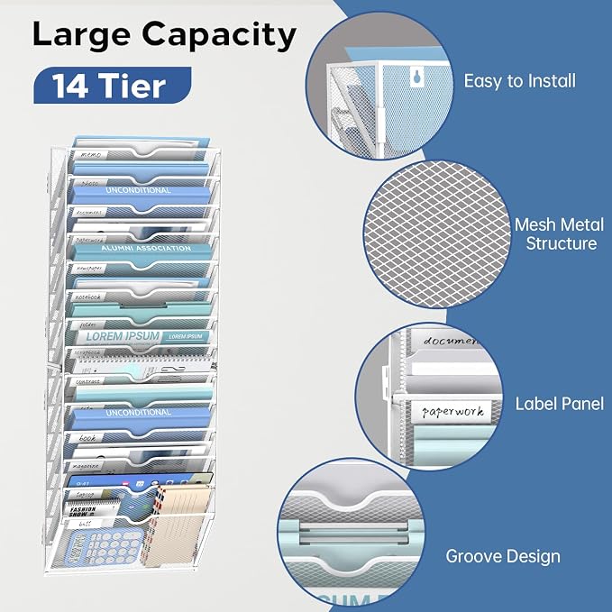 14 Tier Wall Hanging File Organizer, Paper Folder Holder Wall Mounted, Metal Mail Sorter for Office Home School, White