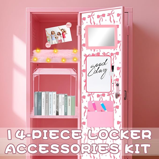 14 PCS Pink Locker Accessories Kit Back to School Locker Decorations Supplies for Girls with Locker Shelf Magnetic Wallpaper Whiteboard Mirror Organizer Markers Rug String Lights and Cute Bow Magnet