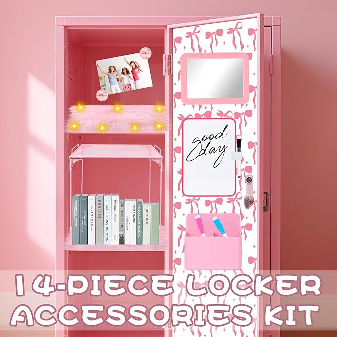 14 PCS Pink Locker Accessories Kit Back to School Locker Decorations Supplies for Girls with Locker Shelf Magnetic Wallpaper Whiteboard Mirror Organizer Markers Rug String Lights and Cute Bow Magnet