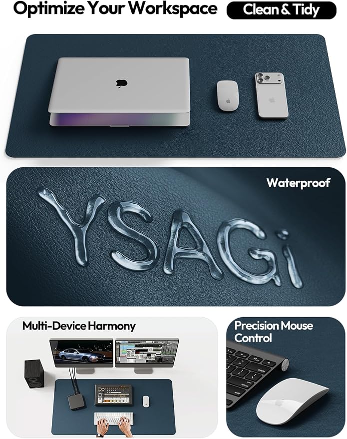 YSAGi Leather Desk Protector, Office Mat, Large Mouse Mat, Non-Slip PU Leather Blotter, Laptop Pad, Waterproof Writing Pad for Office and Home (Dark Blue, 31.5" x 15.8")