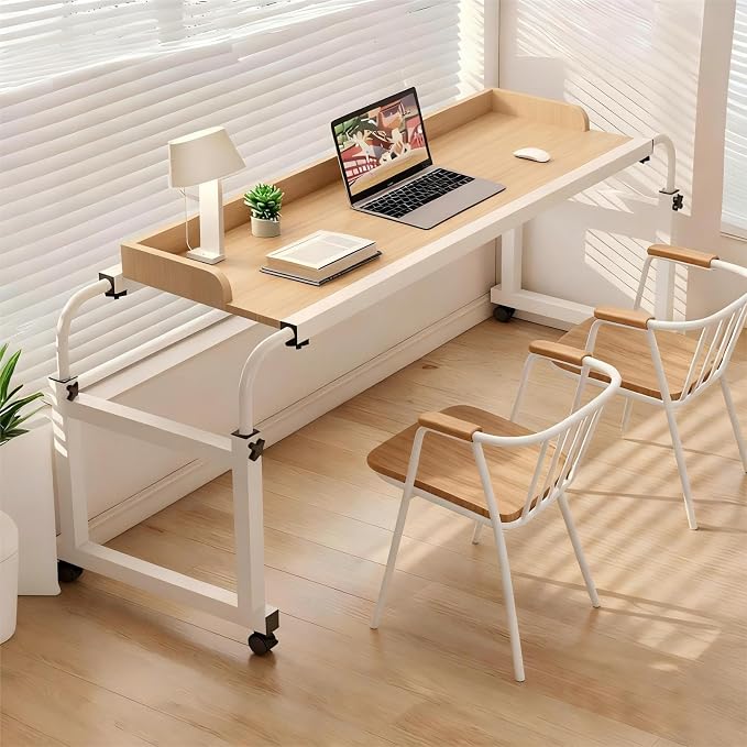 Overbed Table with Wheels and Desktop Enclosure, Height and Length Adjustable Over Bed Desk King Queen Bed Table Overbed Laptop Table (Walnut)