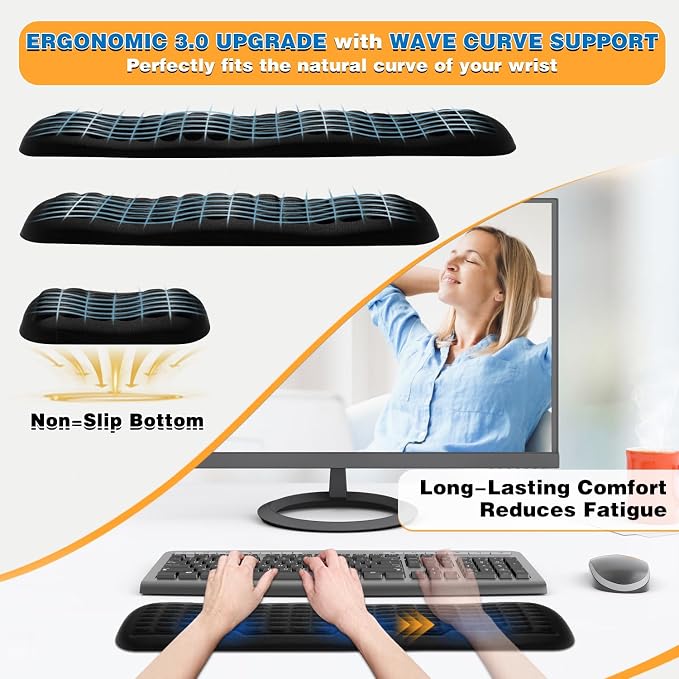UnivoColors Compact-Sized Keyboard & Mouse Wrist Rest Set-Ergonomic 3.0 Upgrade with Wave Curve Support,Non-Slip Base,Perfect for Work & Gaming(Ivory)