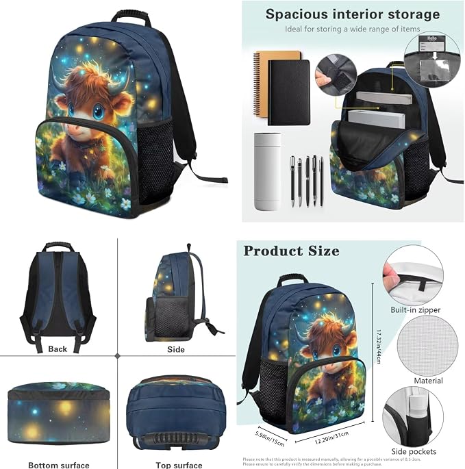 Ystardream Elementary School Backpack for Girls Lovely Highland Cow Backpack and Lunch Box Set for Boys 4 Pcs School Bags for Teen Student Back To School Book Bag with Pencil Case,Water Bottle Sleeve