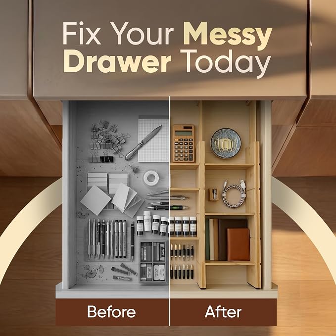 6 Pack Bamboo Drawer Dividers, Adjustable 17โ22 Inch Expandable Drawer Organizer for Kitchen, Dresser & Closet, Bamboo Kitchen Drawer Organizer, Drawer Divider Set with 12 Inserts