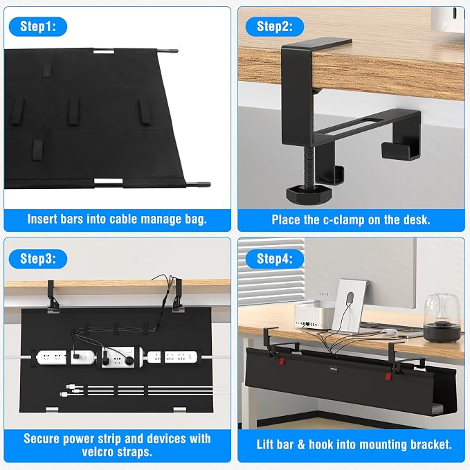 No Drill Under Desk Cable Management Tray, 20" Cord Management Tray with Cable Loop, Upgraded Oxford Fabric Wire Management for Standing Desk - No Damage to Table